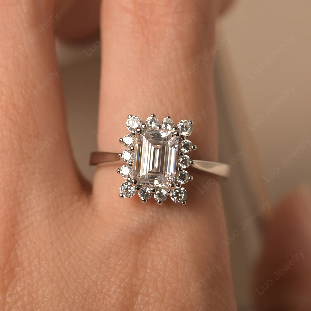 Cubic Zirconia Emerald Cut Halo Engagement Ring - Image 5
