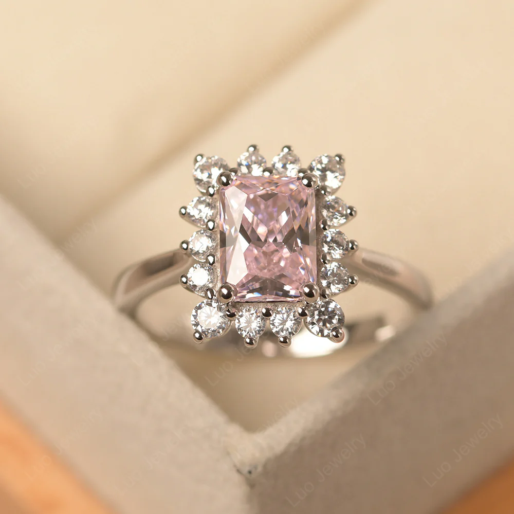 Emerald Cut Pink Cubic Zirconia Halo Luxury Ring