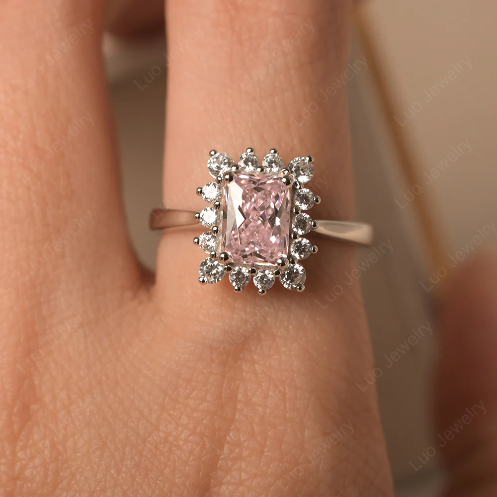 Emerald Cut Pink Cubic Zirconia Halo Luxury Ring - Image 5