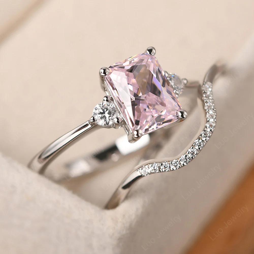 Pink Cubic Zirconia Engagement Ring with Band - Image 3