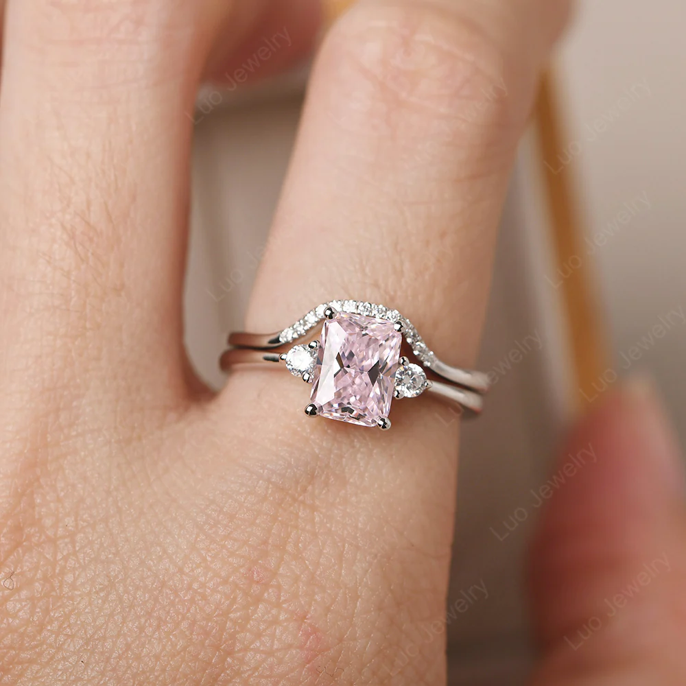Pink Cubic Zirconia Engagement Ring with Band - Image 6
