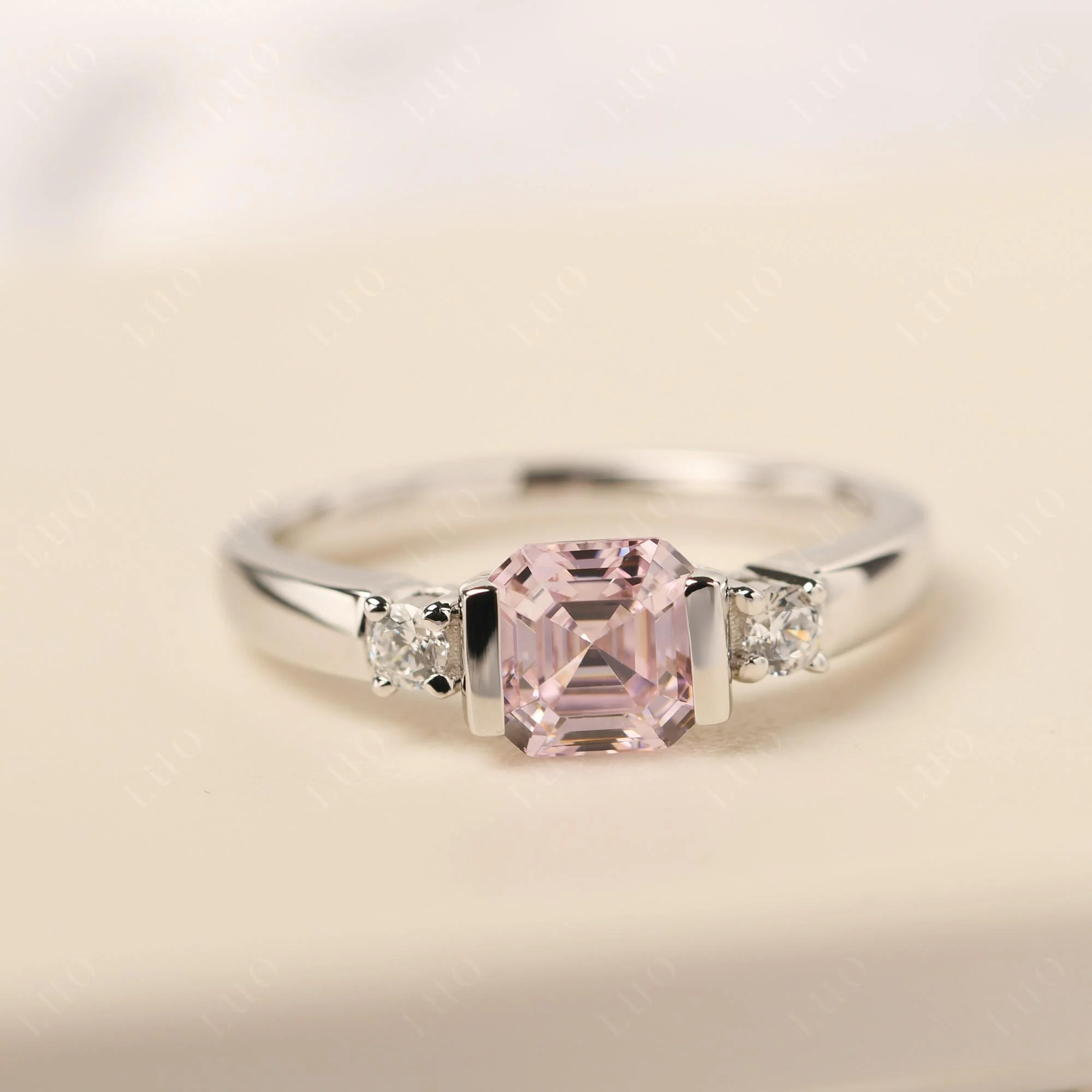 Pink Cubic Zirconia Half Bezel Set Asscher Cut Ring - Image 10