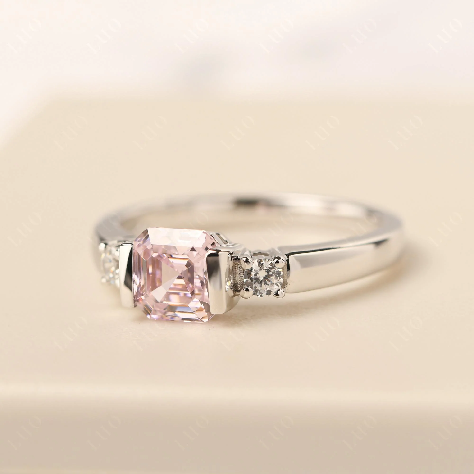 Pink Cubic Zirconia Half Bezel Set Asscher Cut Ring - Image 11