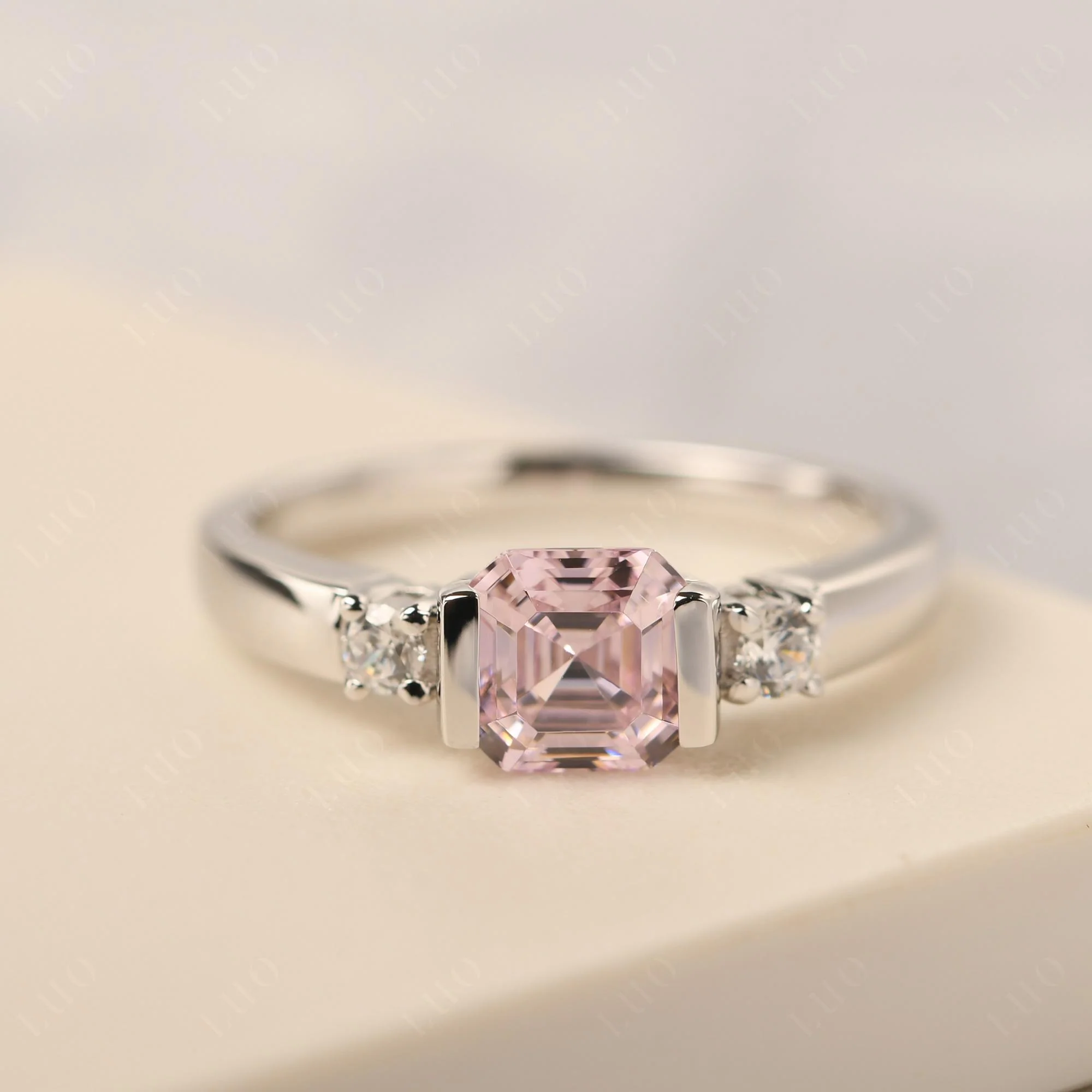 Pink Cubic Zirconia Half Bezel Set Asscher Cut Ring - Image 12
