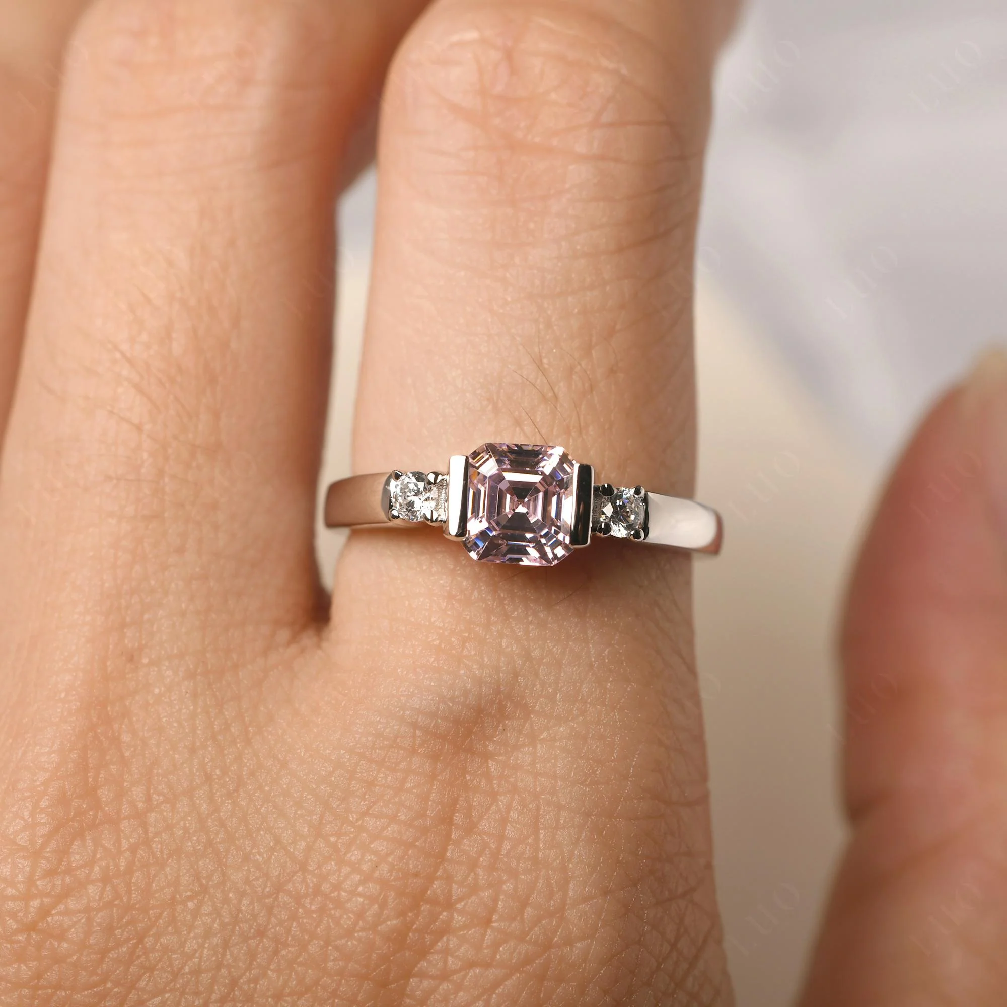 Pink Cubic Zirconia Half Bezel Set Asscher Cut Ring - Image 15