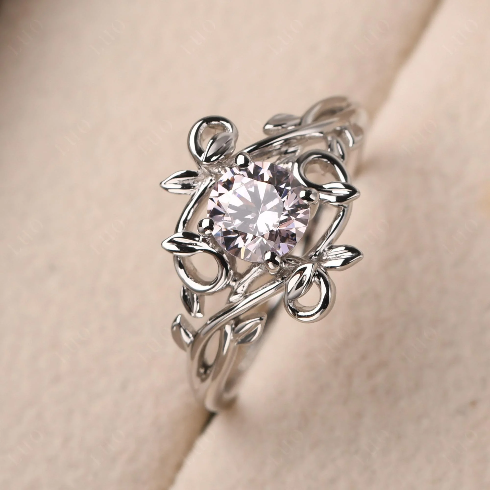 Round Cut Pink Cubic Zirconia Leaf Ring - Image 11