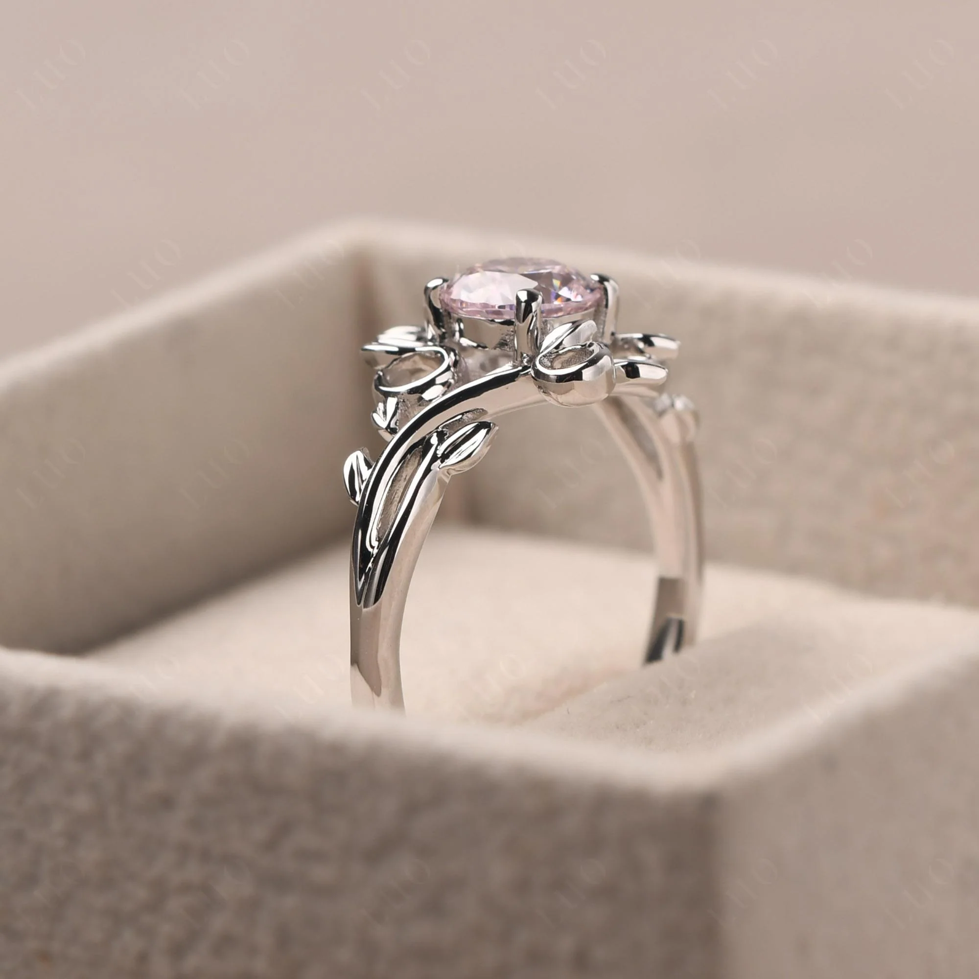Round Cut Pink Cubic Zirconia Leaf Ring - Image 13