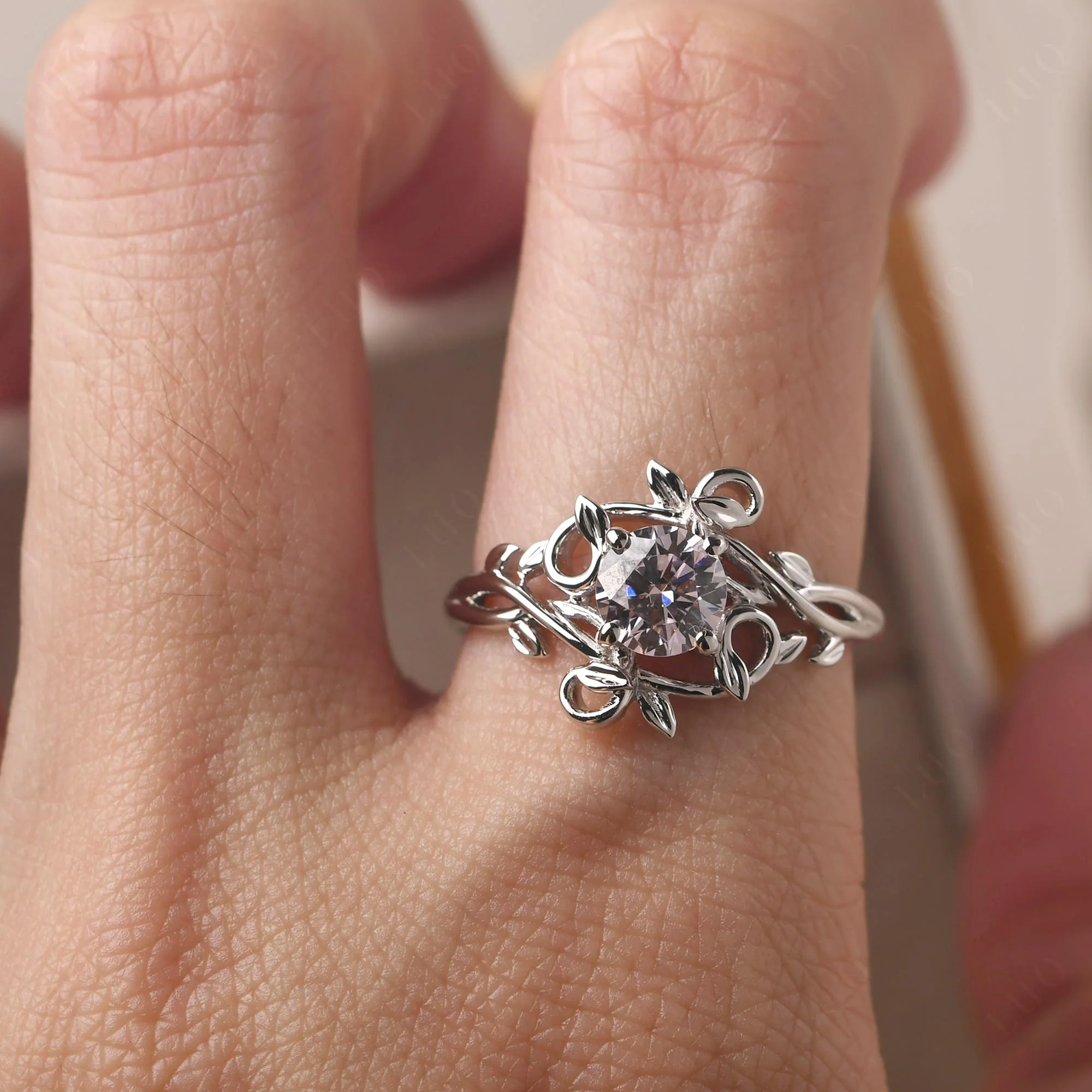 Round Cut Pink Cubic Zirconia Leaf Ring - Image 14