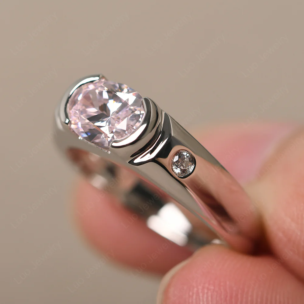 Oval Pink Cubic Zirconia Horizontal Unisex Ring - Image 2
