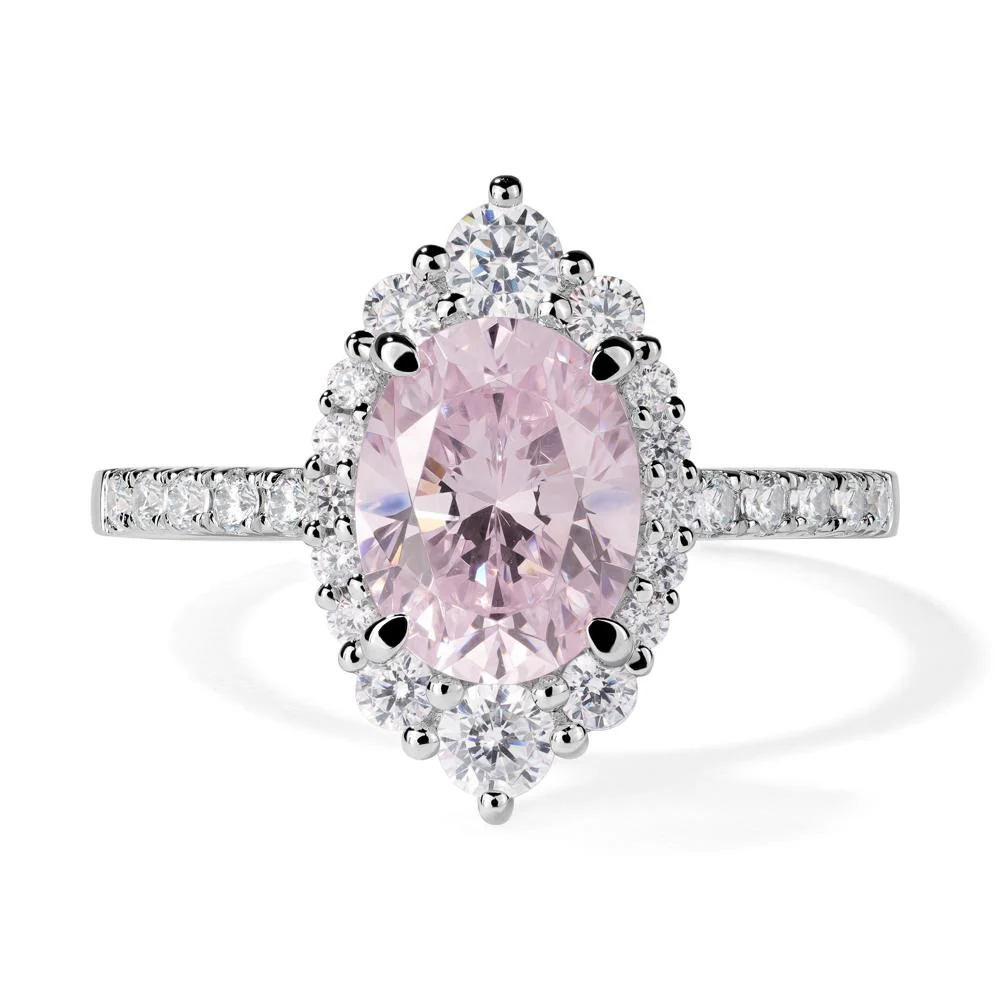 Oval Pink Cubic Zirconia Halo Cluster Ring