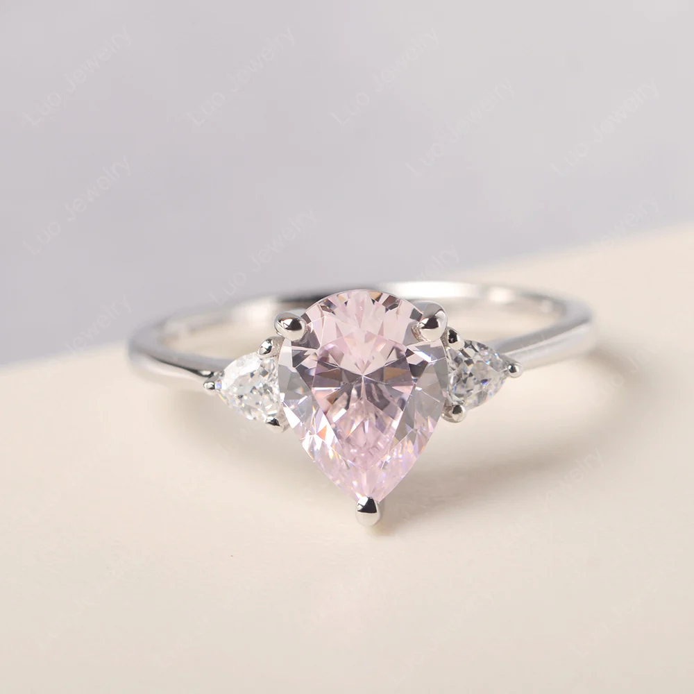 Teardrop Pink Cubic Zirconia Trilogy Ring - Image 2
