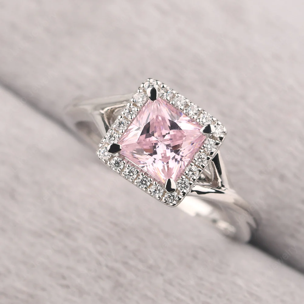 Pink Cubic Zirconia Split Shank Halo Engagement Ring - Image 2