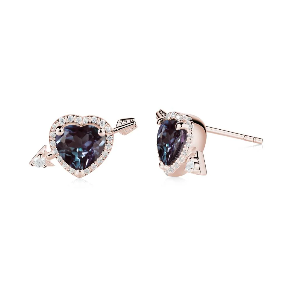 Cupid's Arrow Heart Shaped Alexandrite Stud Earrings - Image 3