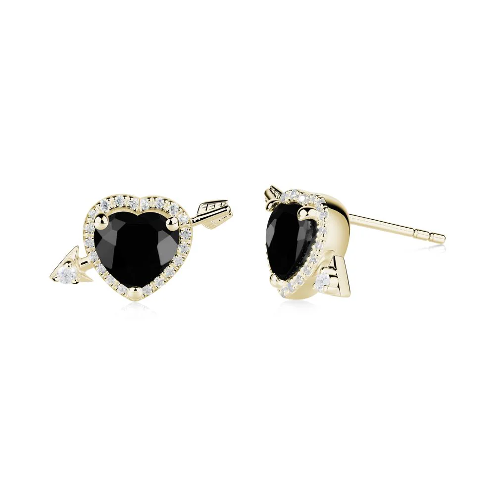 Cupid's Arrow Heart Shaped Black Spinel Stud Earrings