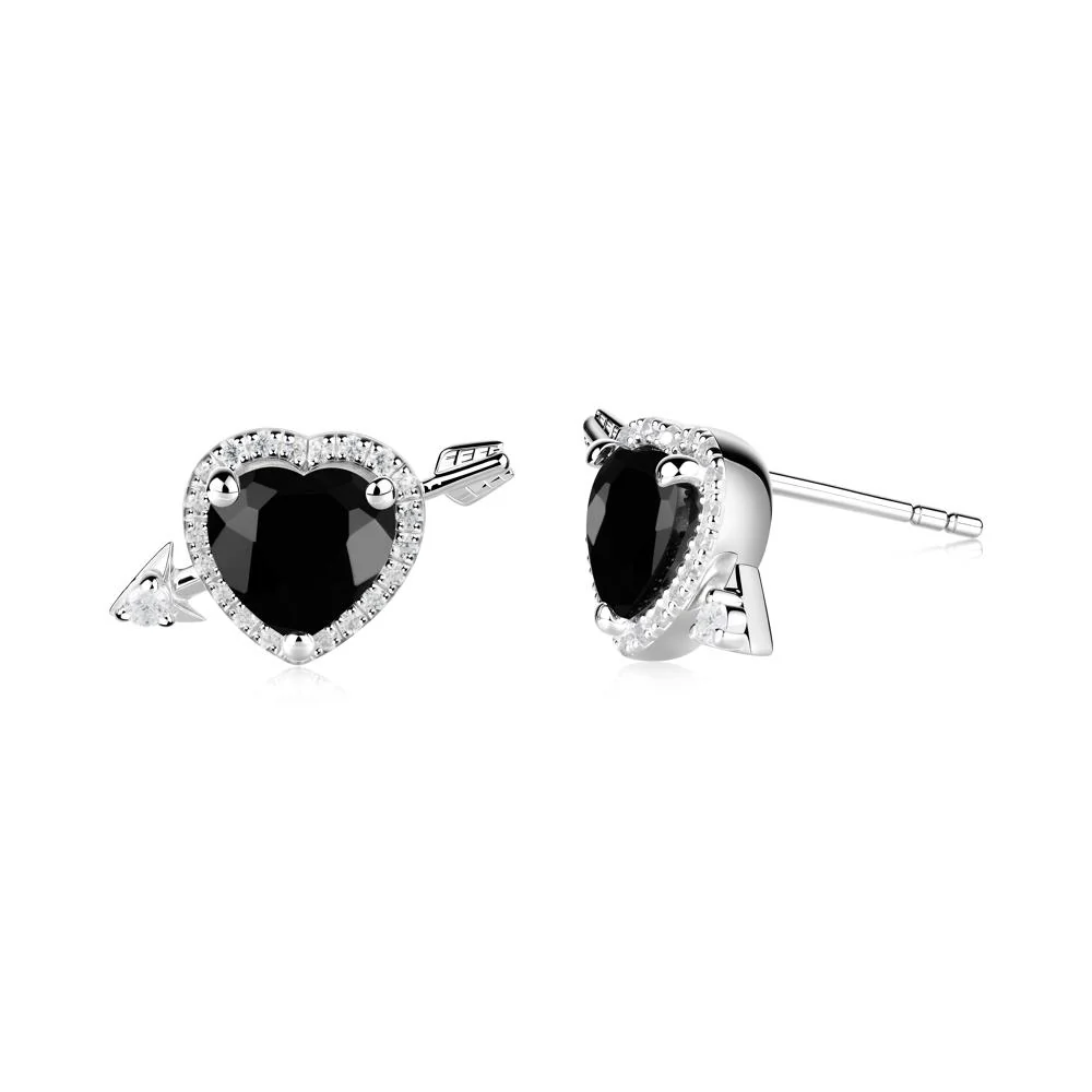 Cupid's Arrow Heart Shaped Black Spinel Stud Earrings - Image 3
