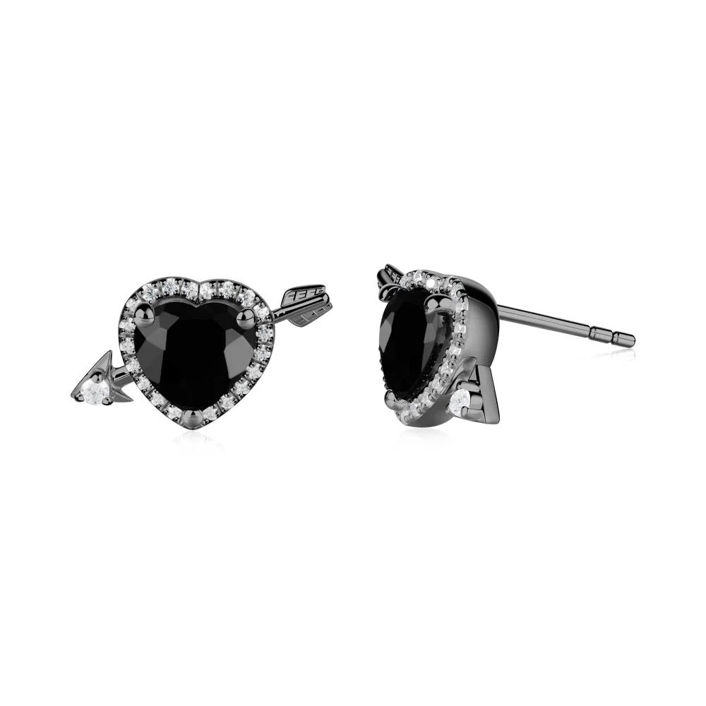 Cupid's Arrow Heart Shaped Black Spinel Stud Earrings - Image 4