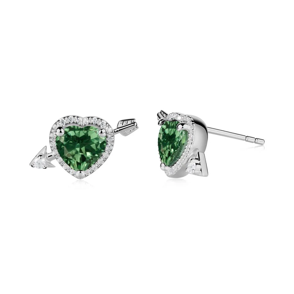 Cupid's Arrow Heart Shaped Green Sapphire Stud Earrings - Image 5