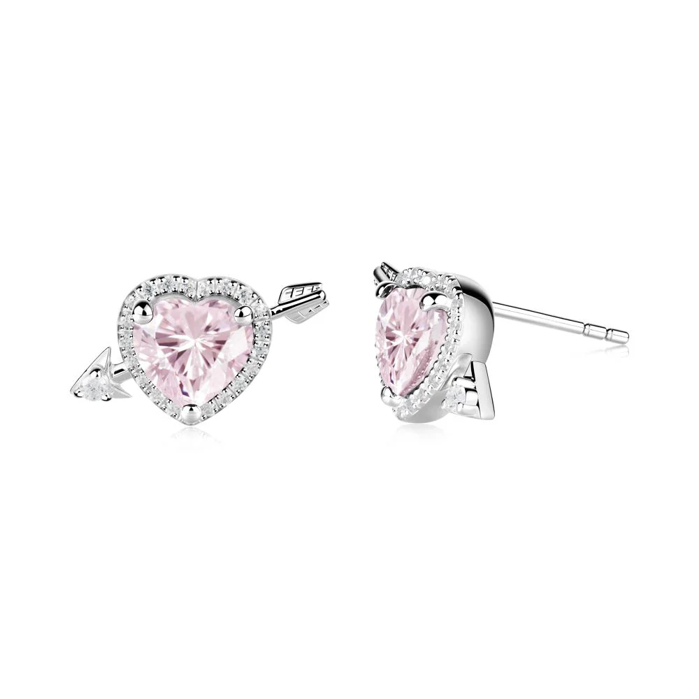Cupid's Arrow Heart Shaped Pink Cubic Zirconia Stud Earrings - Image 6