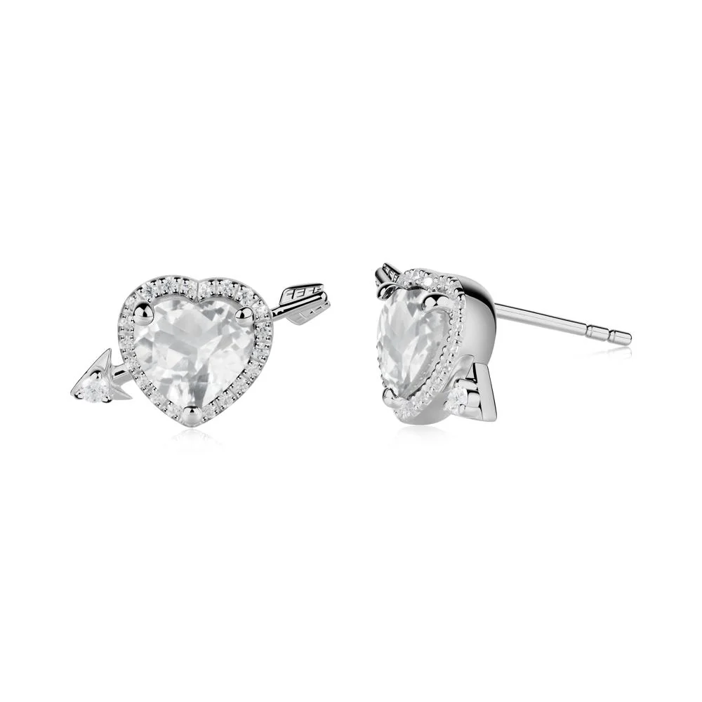 Cupid's Arrow Heart Shaped White Topaz Stud Earrings