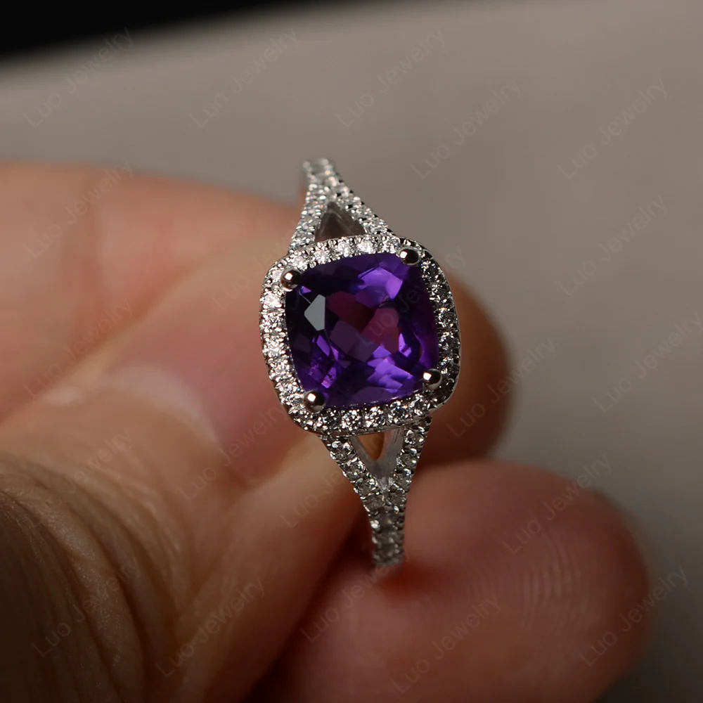 Cushion Amethyst Halo Split Shank Ring - Image 2