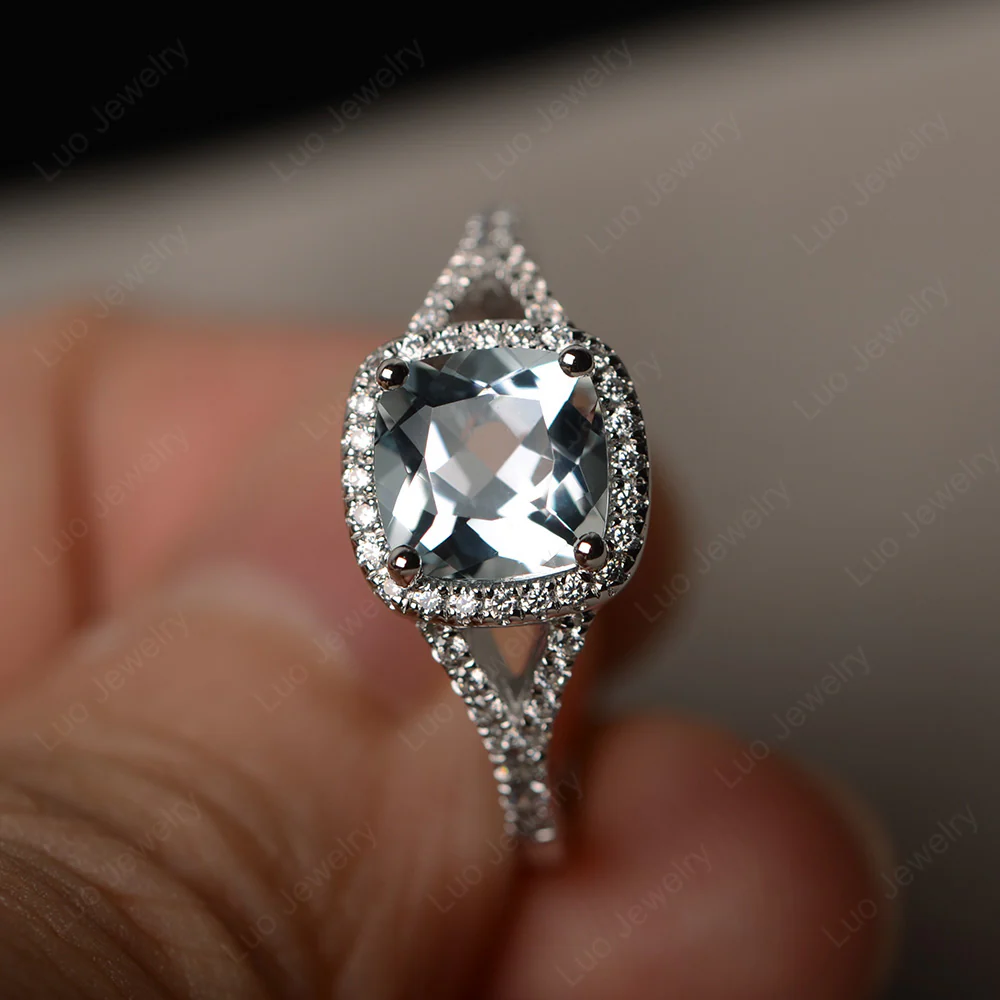 Cushion Aquamarine Halo Split Shank Ring