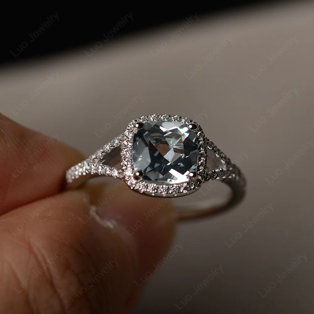 Cushion Aquamarine Halo Split Shank Ring - Image 2