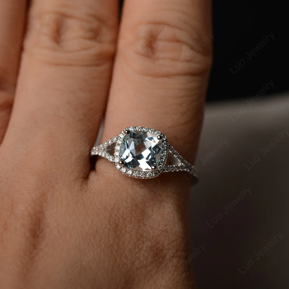 Cushion Aquamarine Halo Split Shank Ring - Image 4
