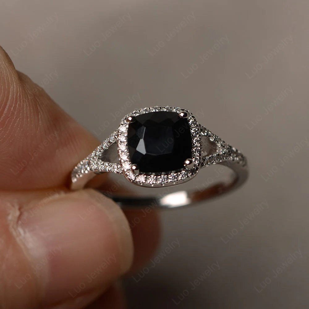 Cushion Black Spinel Halo Split Shank Ring - Image 2