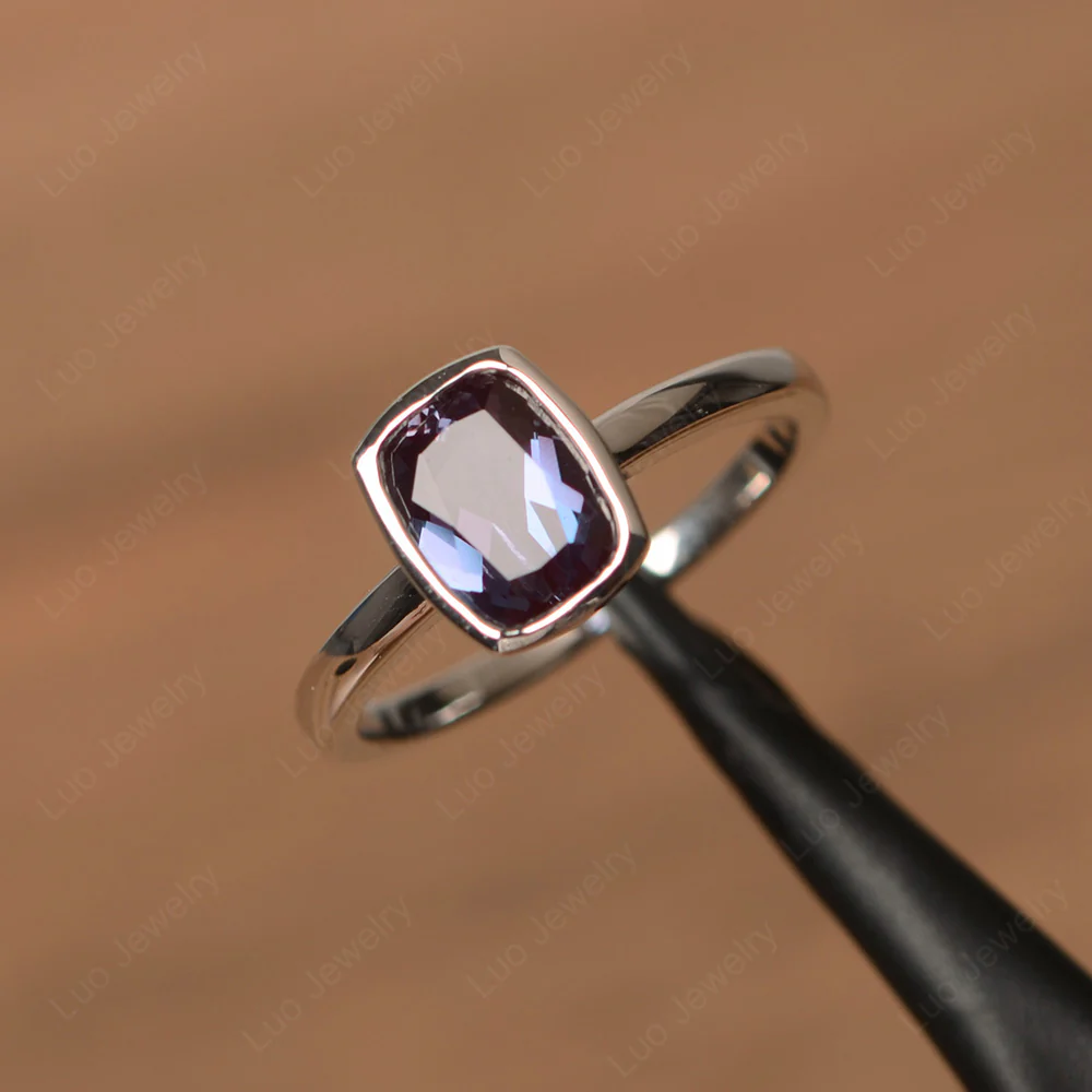 Cushion Cut Alexandrite Bezel Setting Ring