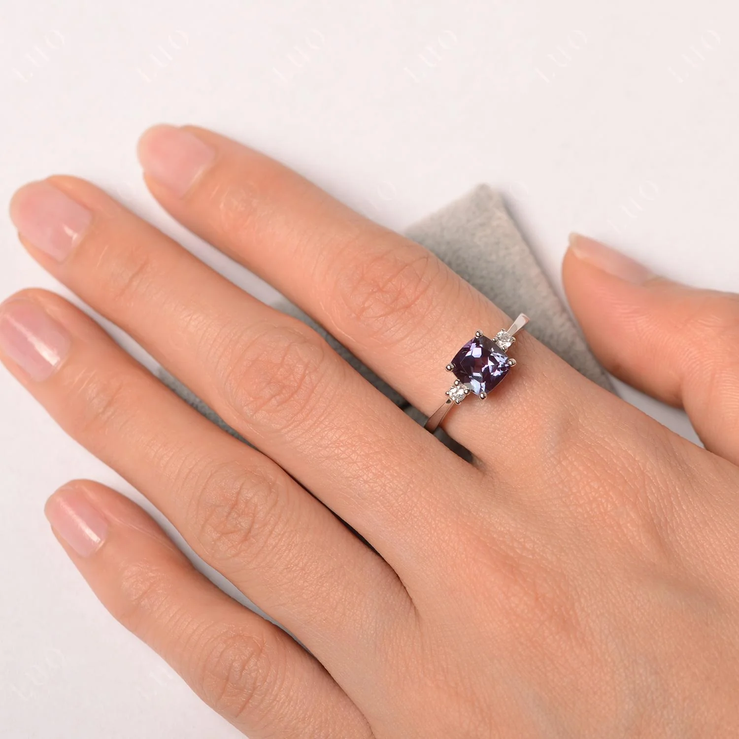 Cushion Cut Alexandrite Trilogy Ring - Image 13