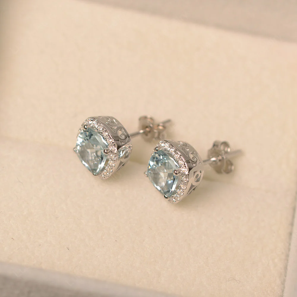 Cushion Cut Aquamarine Halo Stud Earrings - Image 4