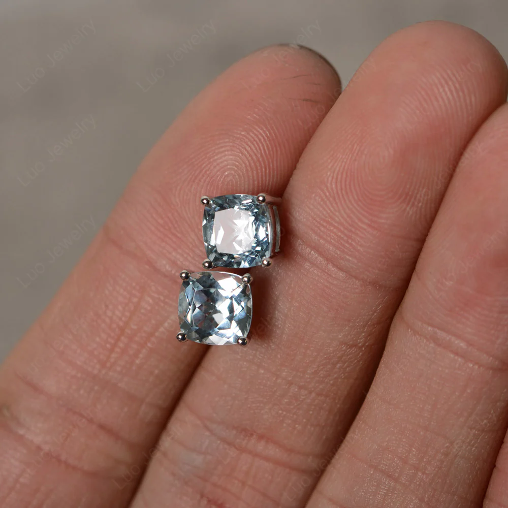 Cushion Cut Aquamarine Stud Earrings - Image 3