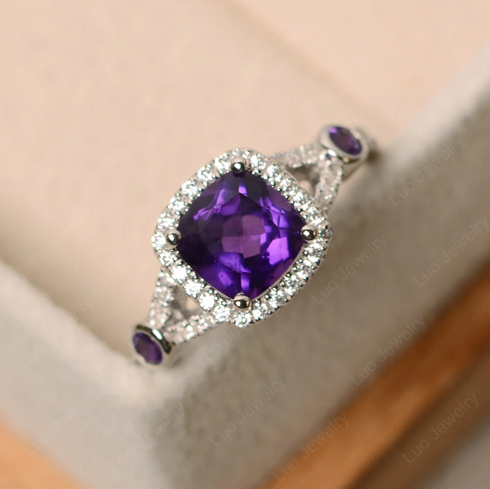 Cushion Amethyst Art Deco Halo Ring