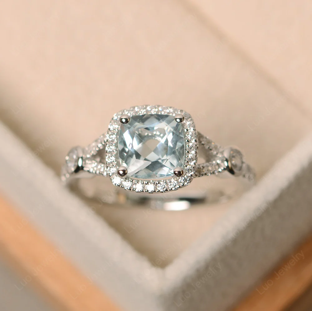 Cushion Aquamarine Art Deco Halo Ring