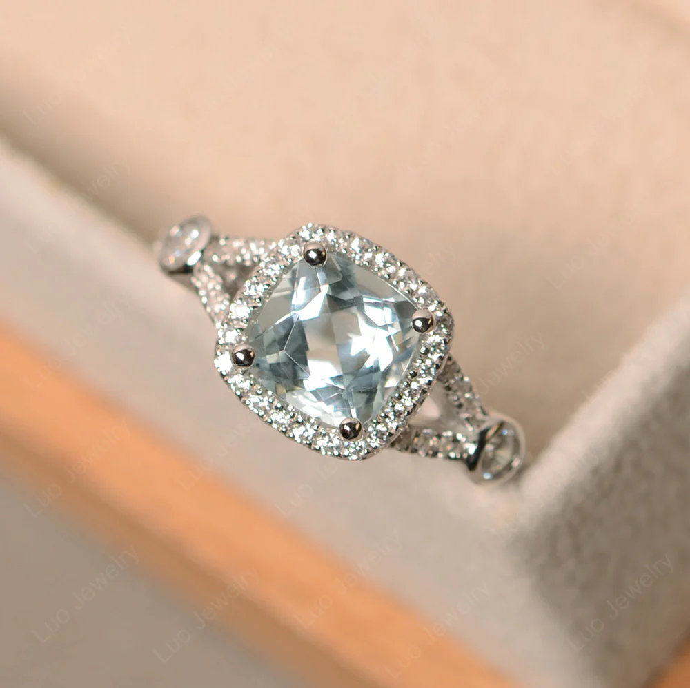 Cushion Aquamarine Art Deco Halo Ring - Image 2