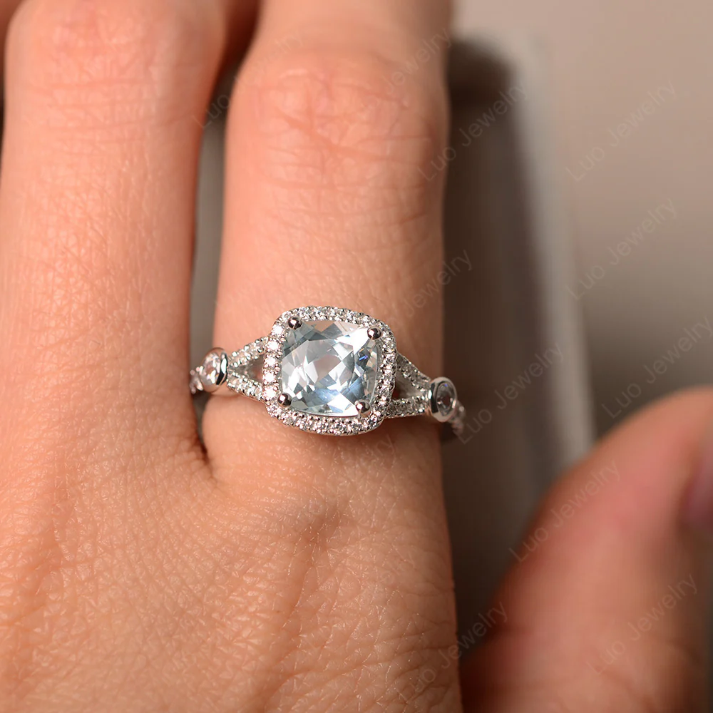 Cushion Aquamarine Art Deco Halo Ring - Image 4