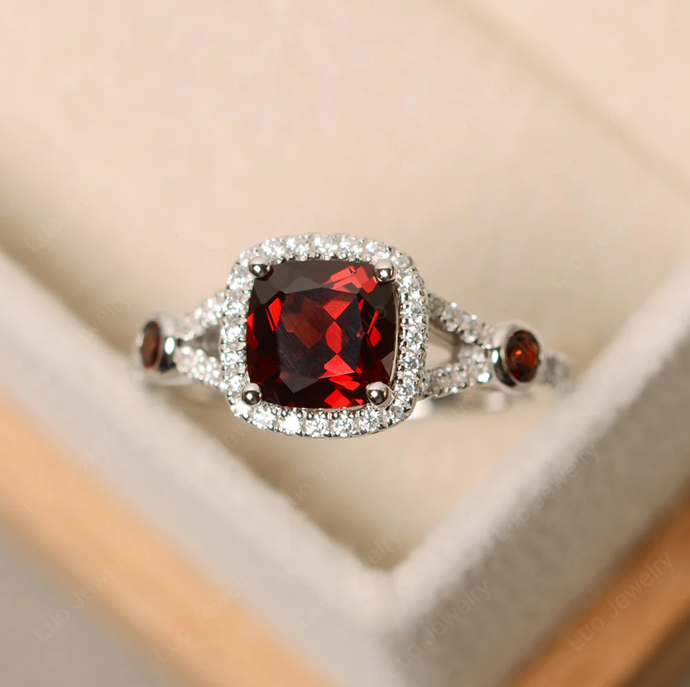 Cushion Garnet Art Deco Halo Ring