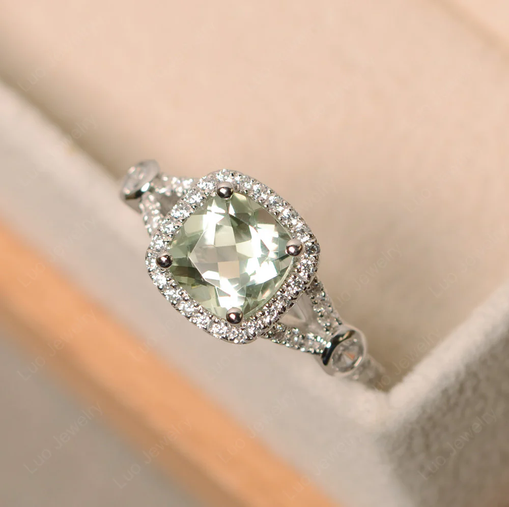 Cushion Green Amethyst Art Deco Halo Ring - Image 2