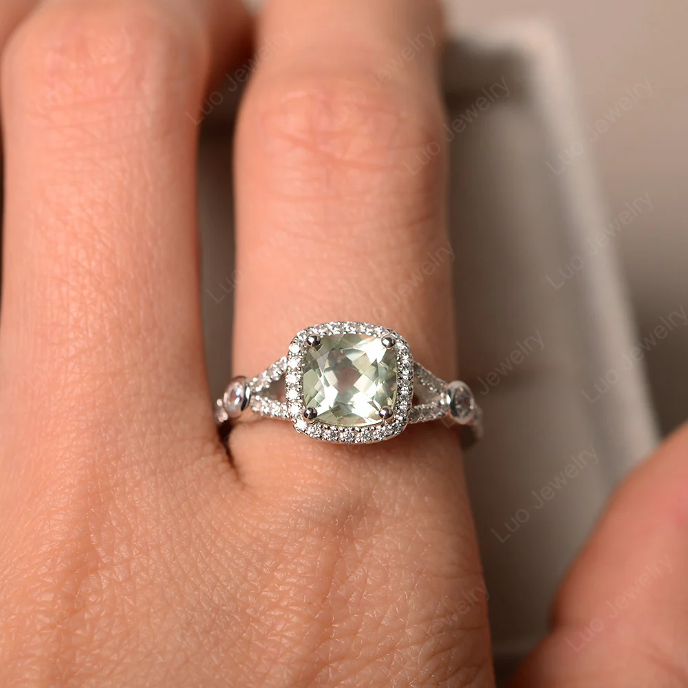 Cushion Green Amethyst Art Deco Halo Ring - Image 4