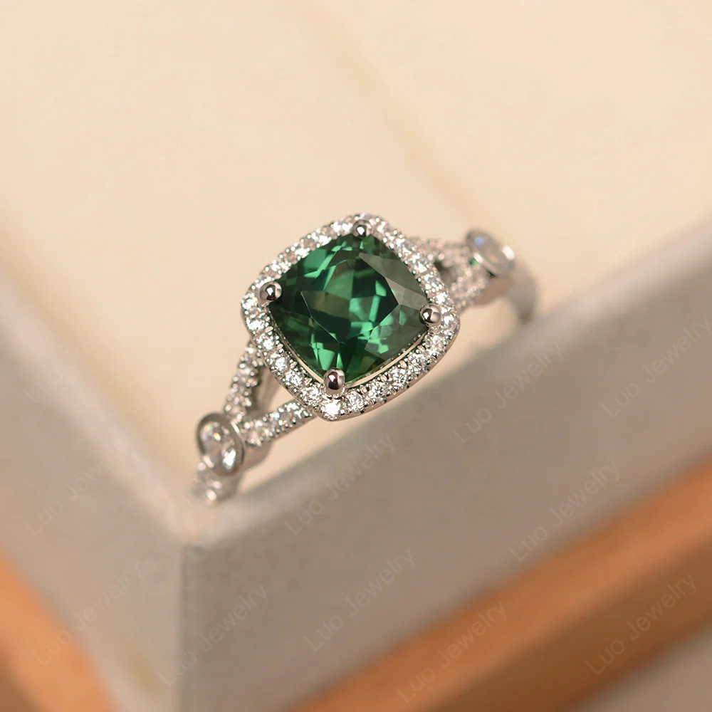 Cushion Green Sapphire Art Deco Halo Ring - Image 2