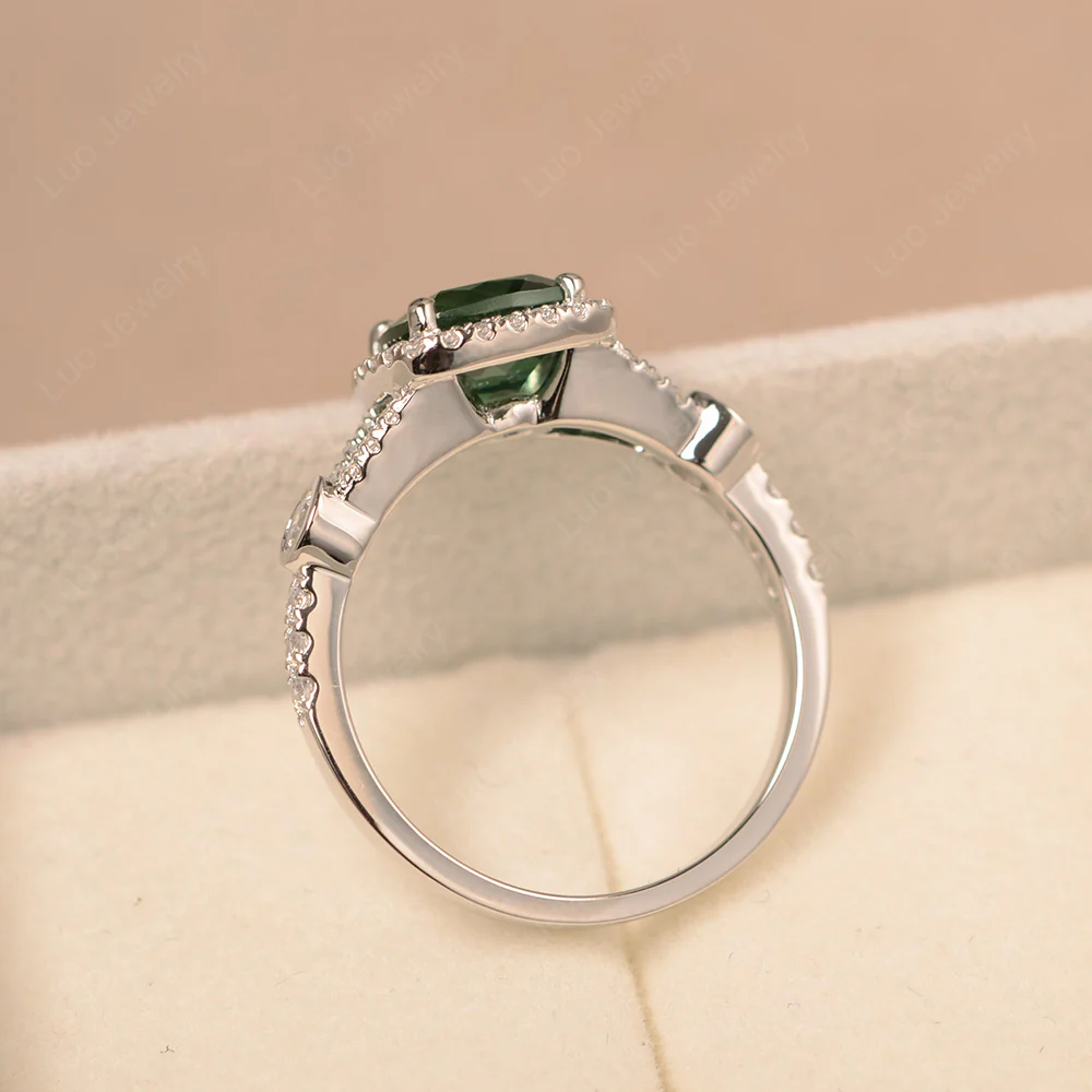 Cushion Green Sapphire Art Deco Halo Ring - Image 4