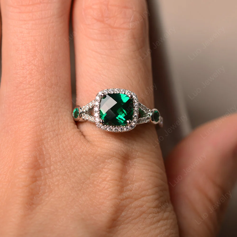 Cushion Emerald Art Deco Halo Ring - Image 4