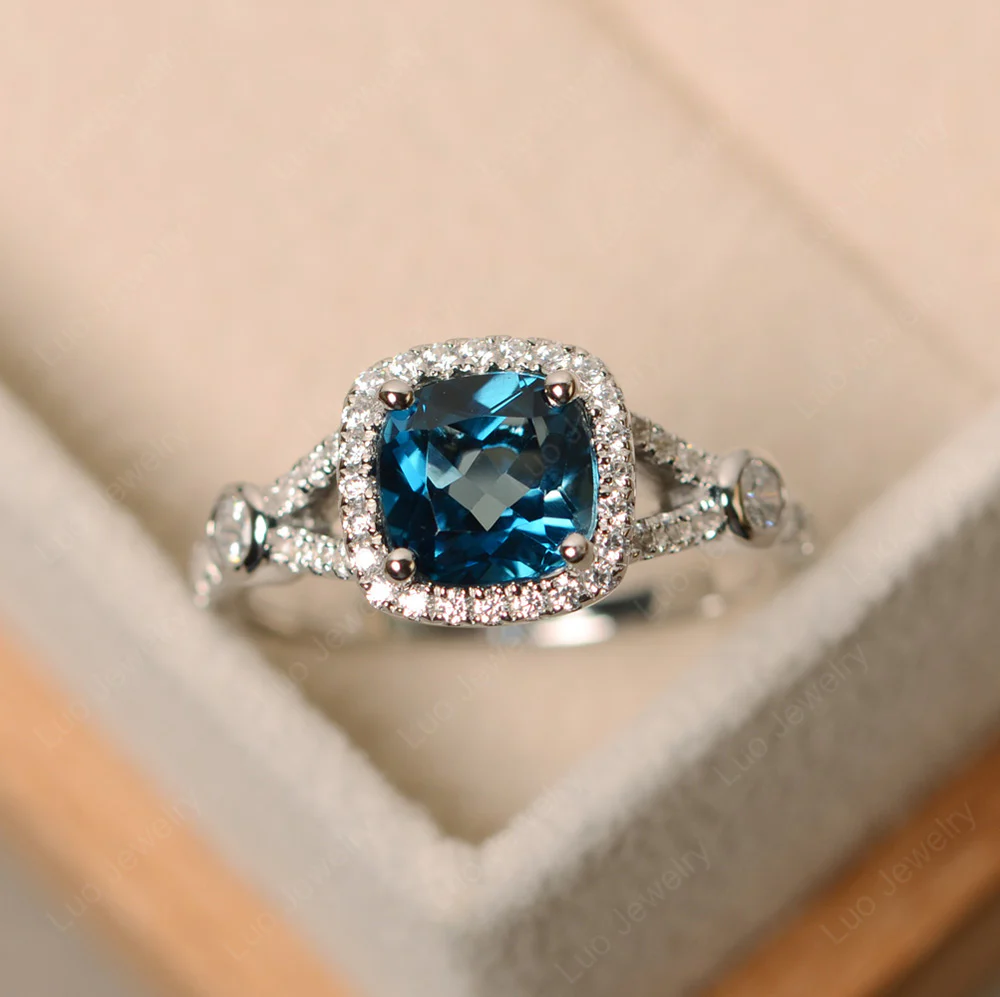 Cushion London Blue Topaz Art Deco Halo Ring