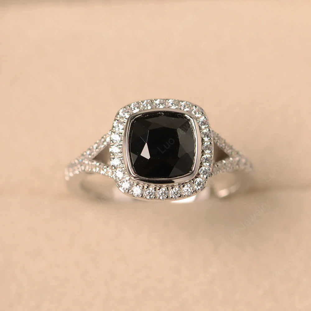 Black Spinel Cushion Halo Engagement Ring
