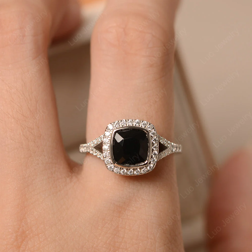 Black Spinel Cushion Halo Engagement Ring - Image 5