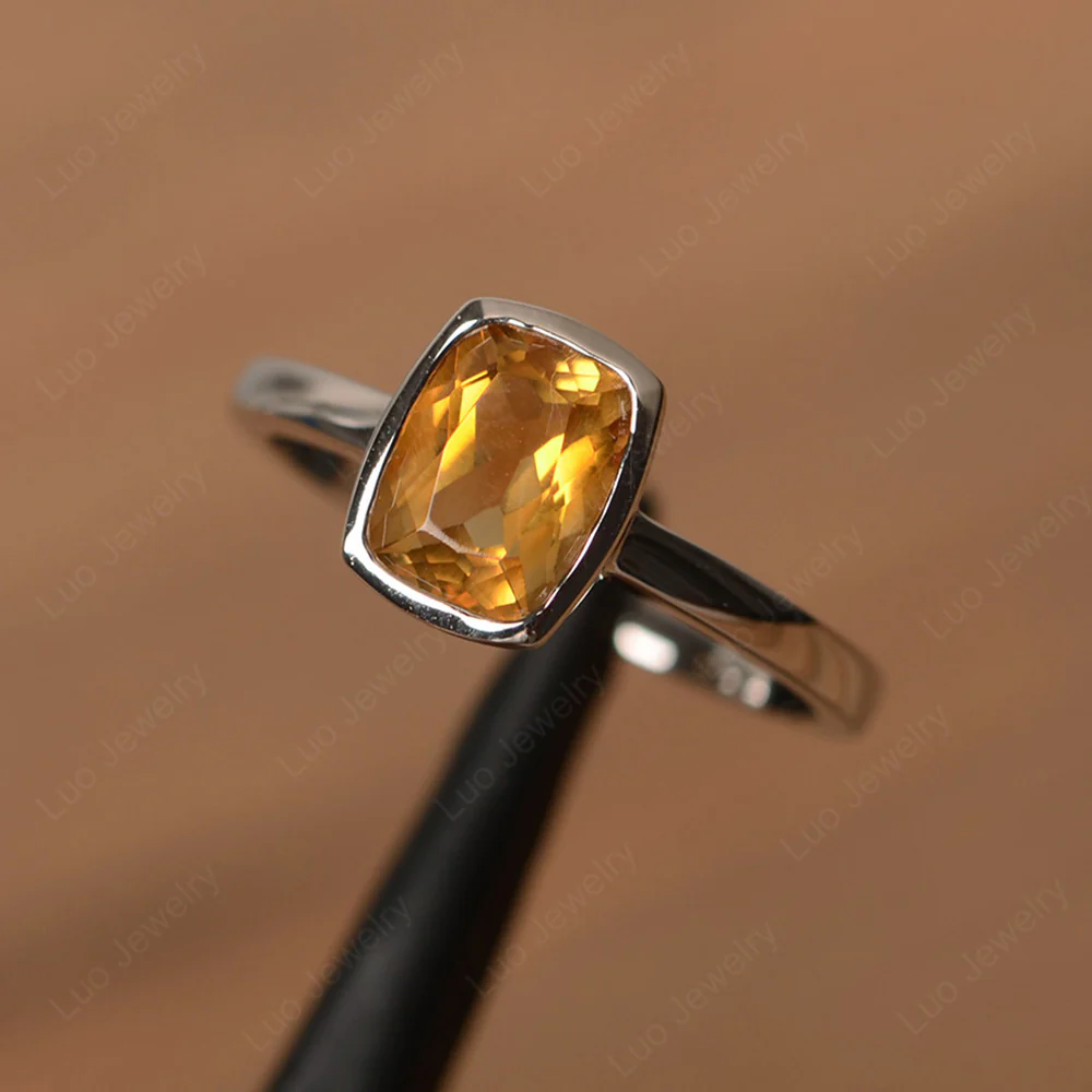 Cushion Cut Citrine Bezel Setting Ring