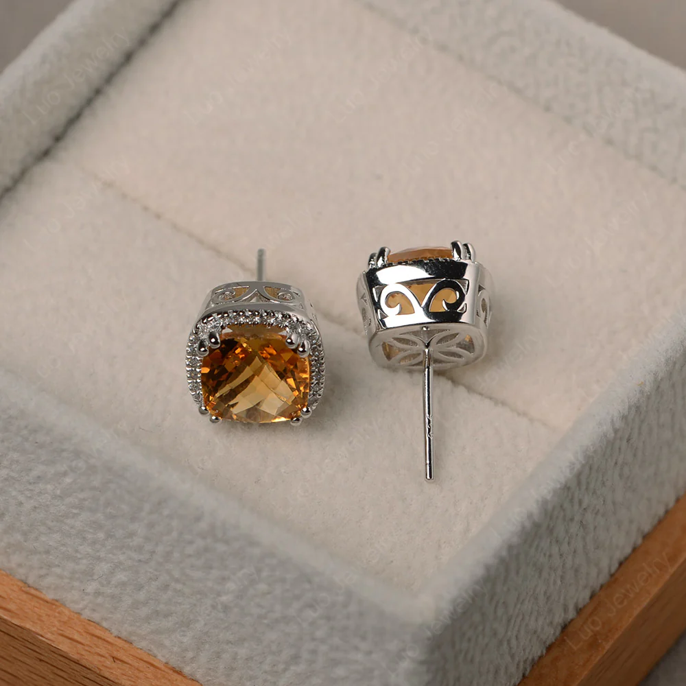 Cushion Cut Citrine Halo Stud Earrings - Image 3