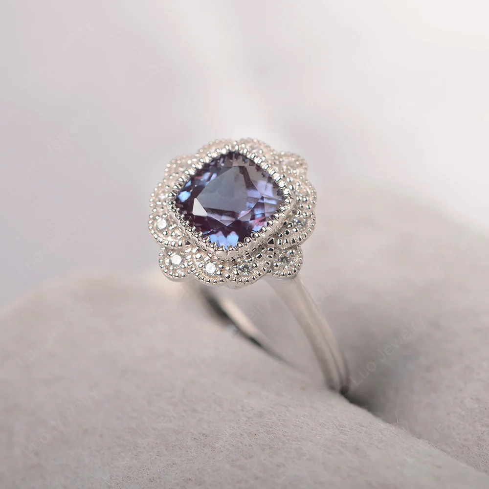 Cushion Cut Alexandrite Milgrain Ring - Image 2