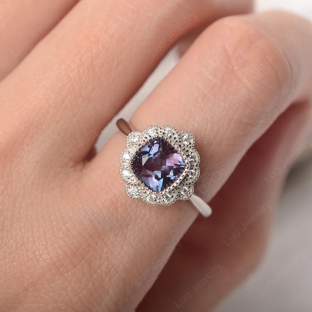 Cushion Cut Alexandrite Milgrain Ring - Image 5