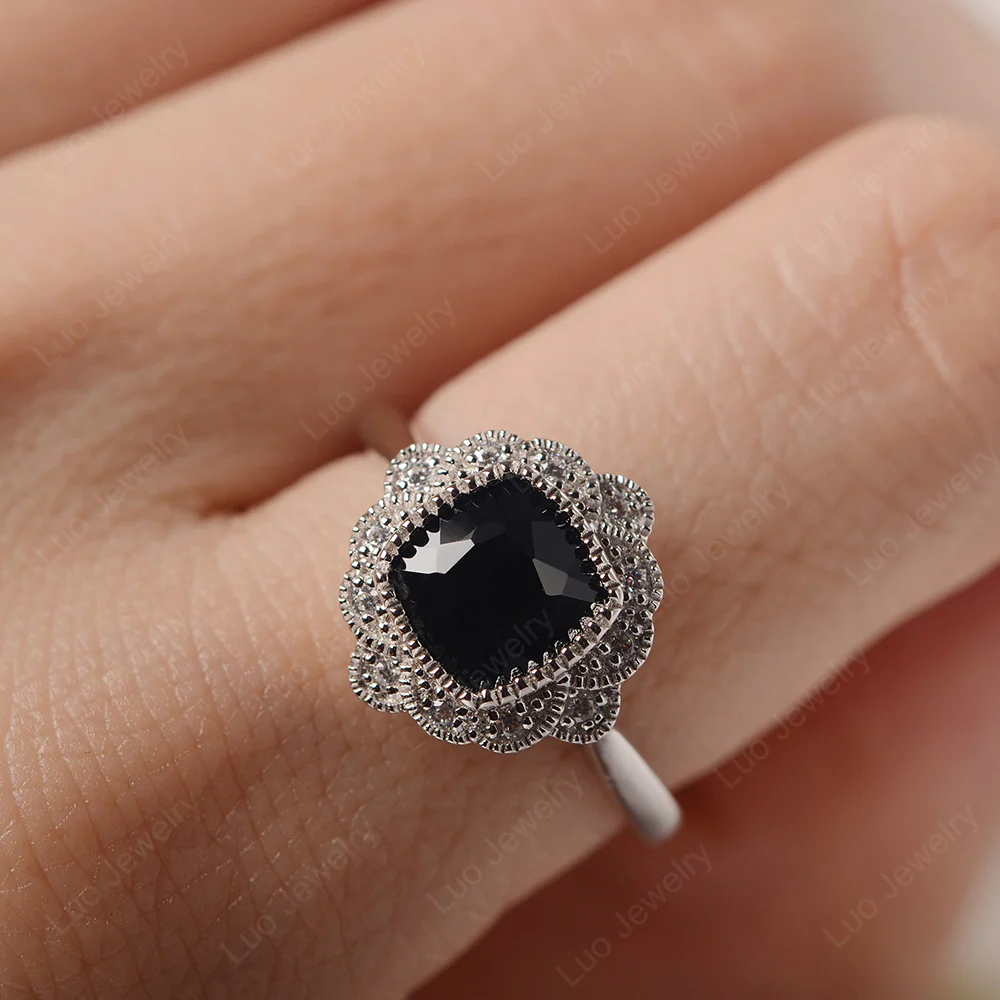 Black Spinel Bezel Milgrain Engagement Ring - Image 5